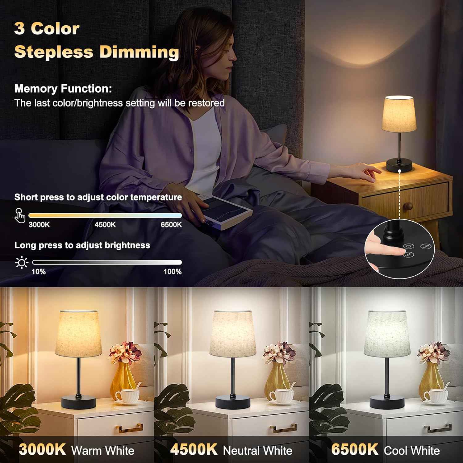 BRIGHTY — Cordless Minimalist Desk Lamp for Clutter-Free Counters, Rechargeable LED in Neutral Linen and Matte Black