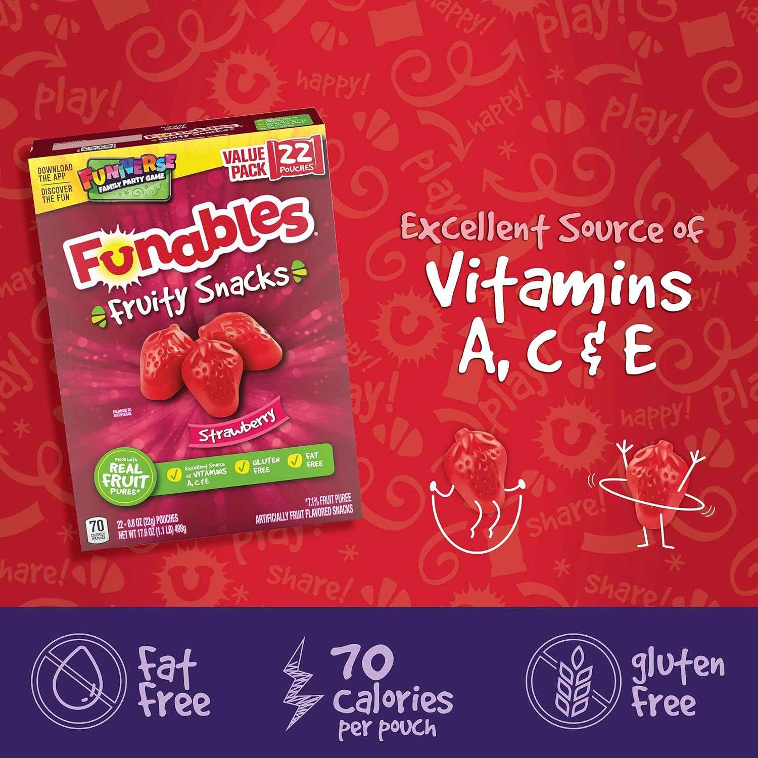 Funables Fruit Snacks for School Lunch & Birthday Goody Bags, Strawberry 22-Count Box