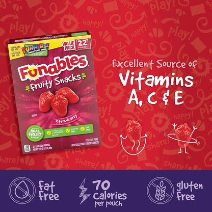 Funables Fruit Snacks for School Lunch & Birthday Goody Bags, Strawberry 22-Count Box