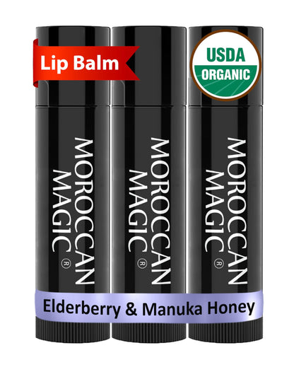 Moroccan Magic Organic Elderberry &amp;amp; Manuka Honey Lip Balm 3 Pack | Ultra-Hydrating Argan Oil Lip Moisturizer + Vitamin E | Natural Chapstick for Dry Lips | Smooth, Non-Toxic | Organic Lip Balm