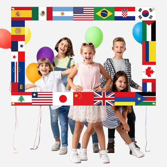 Fabric International Flag Photo Prop World Flags Photo Booth Frame Around The World Background World Cup Party Decorations for Country Sports Events Party Favors Decor 62 x 42.5Inch