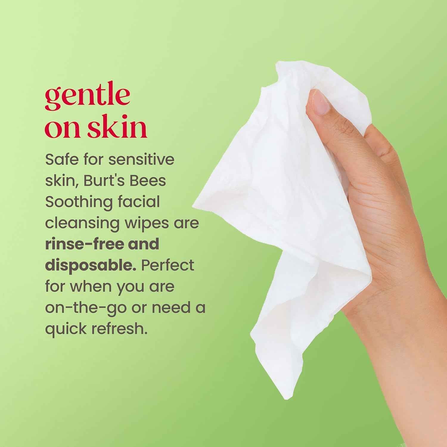 Burt’s Bees Soothing, Fragrance Free Facial Towelettes for Sensitive Skin, Aloe Vera, 100% Plant Based Cloths; 99% Natural Origin; Removes Makeup, Dirt and Oil; No Rinsing