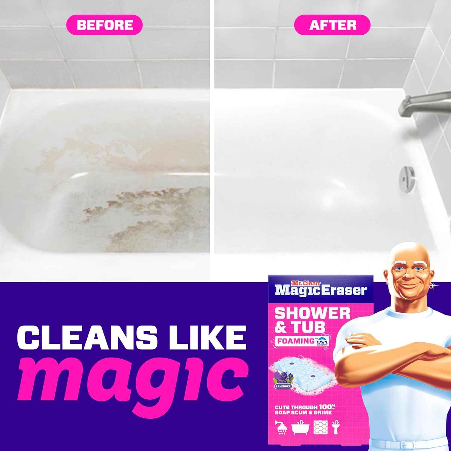 Mr. Clean Magic Eraser Sponge, Bathroom, Shower, Tub Cleaner, Soap Scum Remover, Bathroom Cleaning Supplies, Dawn Cleaning Power with Lavender Scent, Shower & Tub