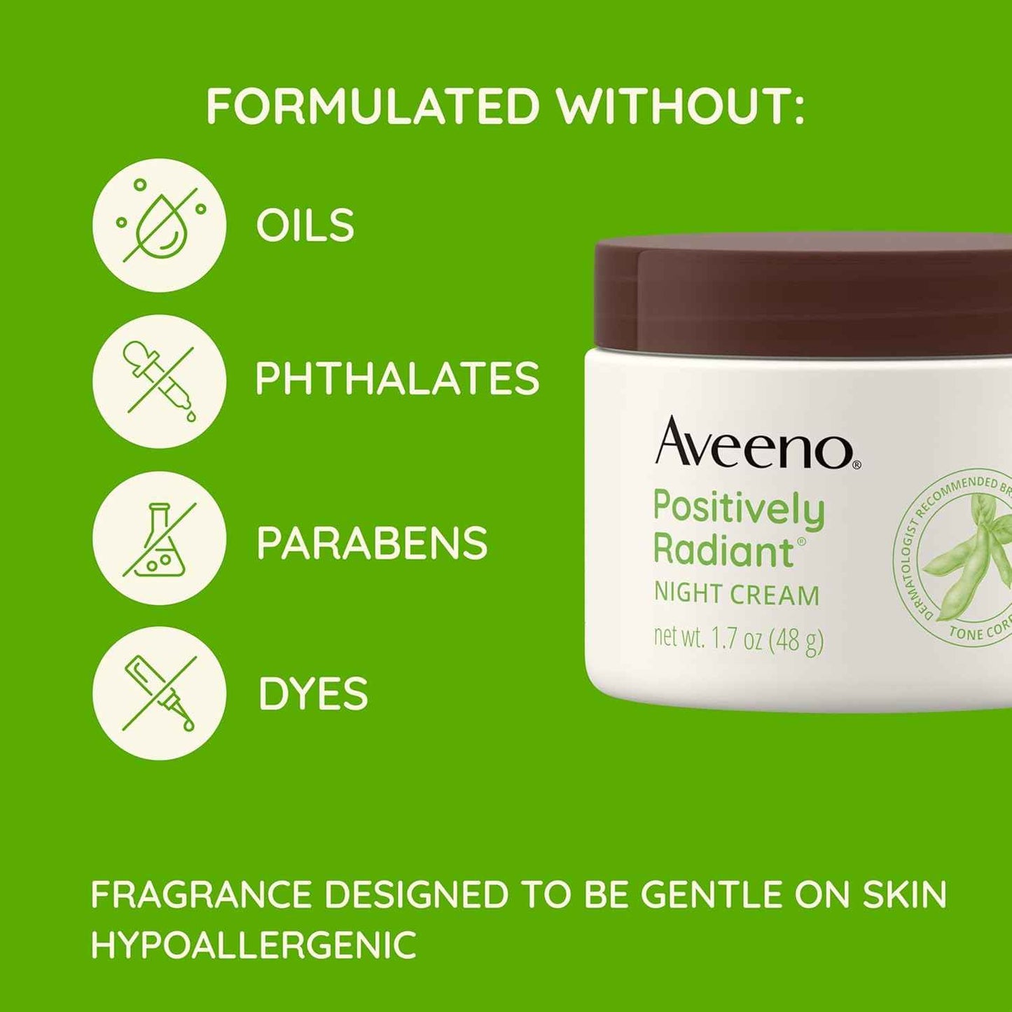 Aveeno Positively Radiant Face & Neck Night Cream with Tone Correcting Soy & Niacinamide, Night Cream Targets Dull Skin & Evens Skin Tone & Texture, Hypoallergenic, 1.7 oz