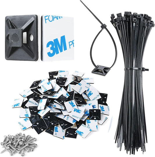 XHF_3/4"_Strong_Back-Glue_Self_Adhesive_Black_Cable_Zip_Tie_Mounts_100pcs_with_8"_Zip_Ties,_Screws,_UV_Protection_Outdoor_Sticky_Wire_Fasteners_Cable_Clips_Management_Anchors_Organizer_Holders_Squares