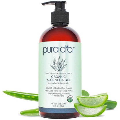 PURA D'OR 16 Oz ORGANIC Aloe Vera Gel - All Natural - ZERO Artificial Preservatives - Deeply Hydrating & Moisturizing - Sunburn, Bug Bites, Rashes, Small Cuts, Eczema Relief - Skin & Hair