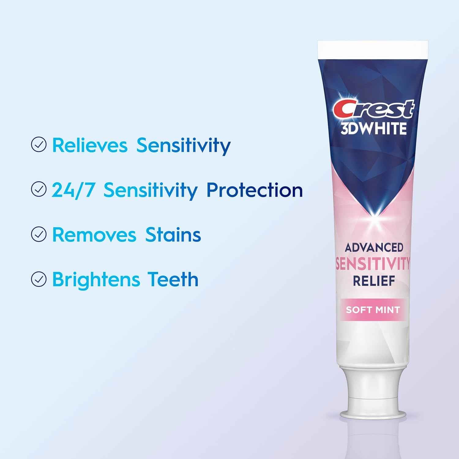 Crest 3DWhite Advanced Whitening Sensitivity Relief Toothpaste, Soft Mint, 3.3 oz, Pack of 2