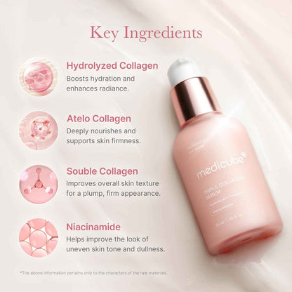 Medicube Triple Collagen Serum 1.85 fl.oz - Nourish dull skin with Triple Collagen Complex - A lightweight serum with Niacinamide and Hyaluronic Acid - Korean Skincare