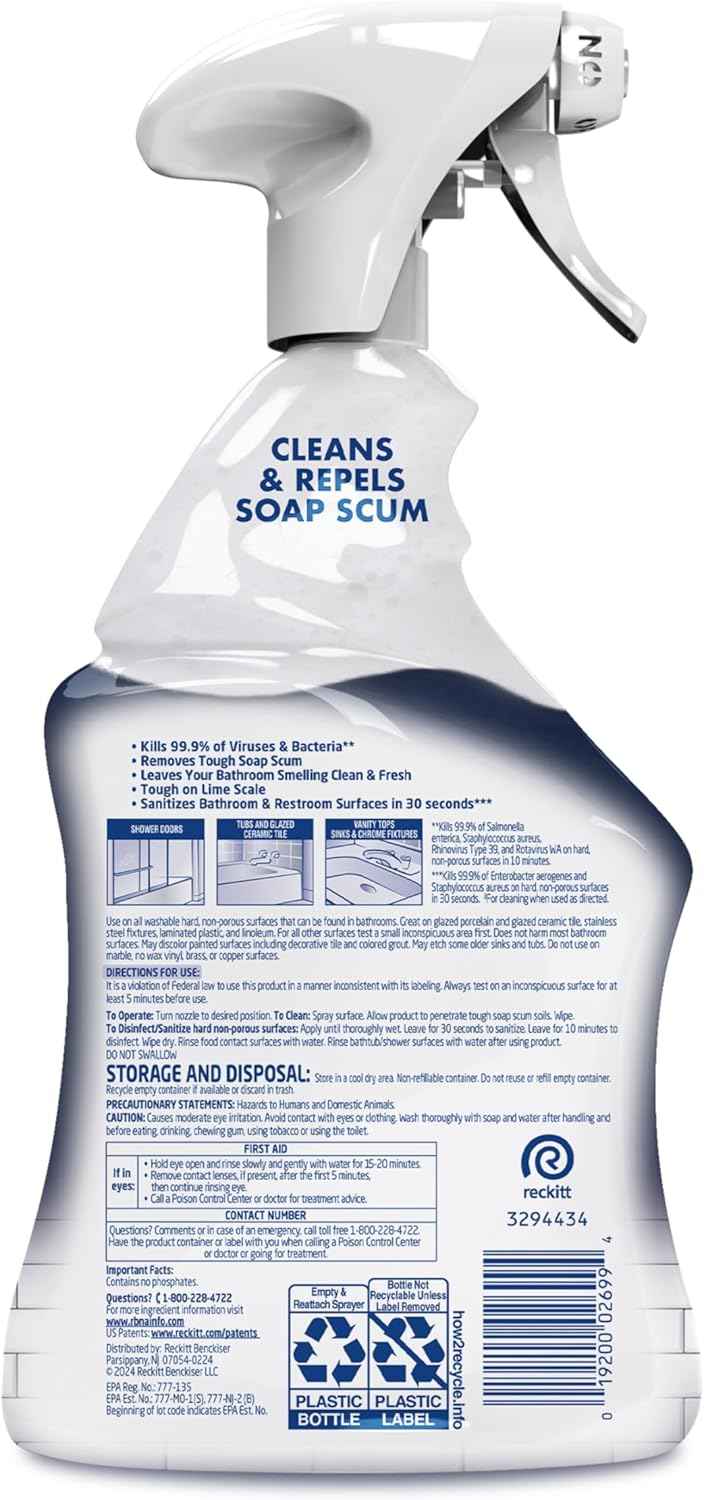 Lysol Bathroom Cleaner, Multipurpose Cleaner for Showers, Bathtubs, Sinks, Disinfectant Spray Kills 99.9% of Germs, Zero Bleach Cleaning Spray, 32 Oz.