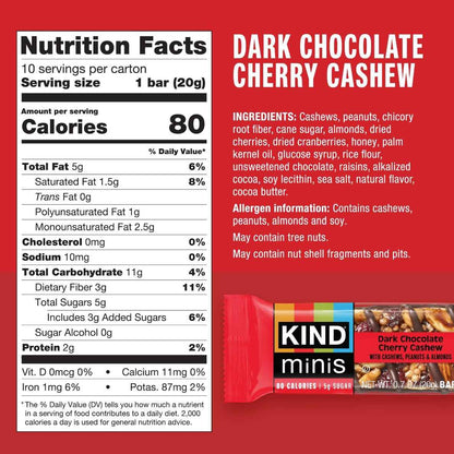 KIND Mini Snack Bars Variety Pack, Gluten Free, Low Sugar, Low Calorie Snacks, Dark Chocolate Nuts & Sea Salt, Caramel Almond & Sea Salt, Dark Chocolate Cherry Cashew, 80 Count