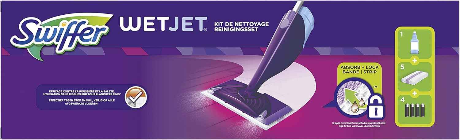 Swiffer WetJet Floor Spray Mop, Starter Kit, Includes: 1 WetJet, 5 Pads, 1 Cleaning Solution & 4 Batteries