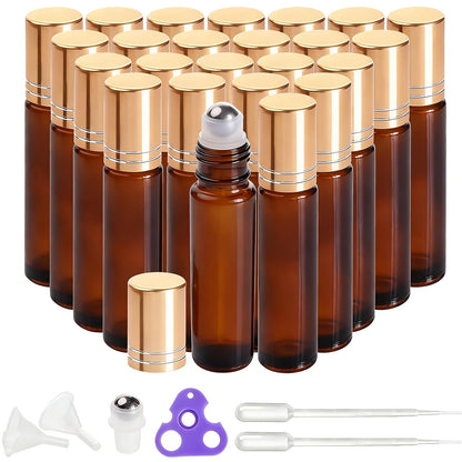 PrettyCare 24 Pack, 10 ml Essential Oil Roller Bottles with Stainless Steel Roller Ball - Refillable Leak-proof Empty Thick Amber Glass Roll on Bottles with Metal Caps for Travel, Perfume