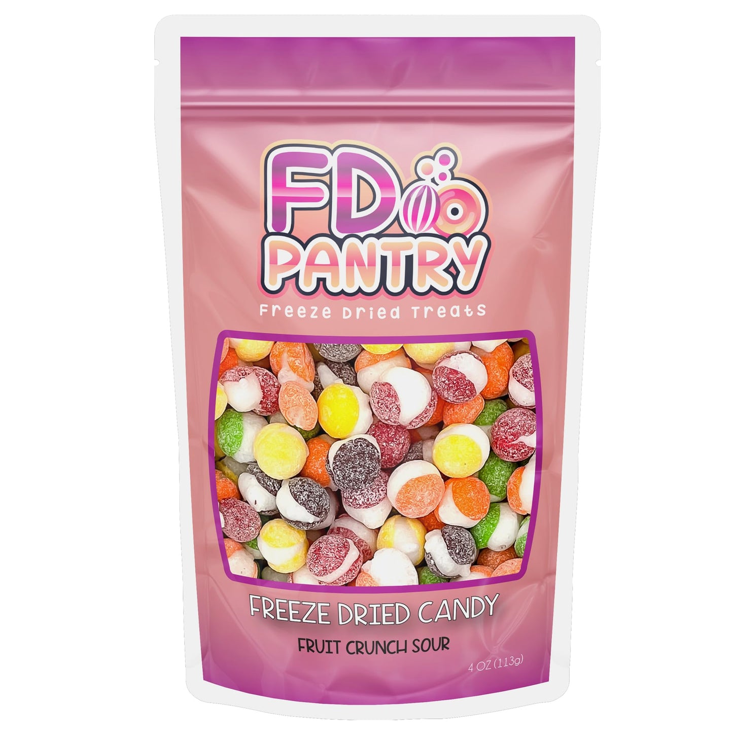 Freeze Dried Candy, Fruit Crunch Sour, 4 oz, Assorted Strawberry, Orange, Lemon, Grape, Lime Flavors, Bag Pouch, Ideal Gift Snack