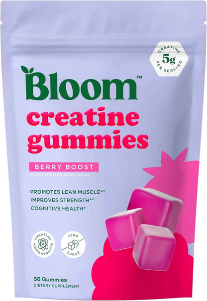Bloom Creatine Monohydrate Gummies, 5g Per Serving, Sugar Free Creatine Gummy for Workout, Strength, Cognitive Health & Lean Muscle Support, Gluten Free & Non GMO, Berry Boost,