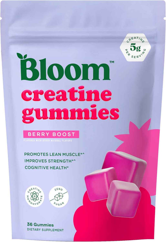 Bloom Creatine Monohydrate Gummies, 5g Per Serving, Sugar Free Creatine Gummy for Workout, Strength, Cognitive Health & Lean Muscle Support, Gluten Free & Non GMO, Berry Boost,