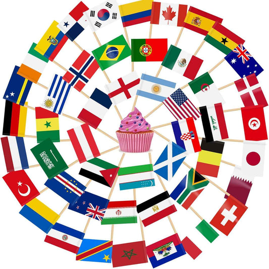 AhfuLife 48 Countries World Flag Toothpick Cake Toppers for World Soccer Decorations, 100pcs Cocktail Stick Flags for World cup Cupcake Toppers Bar Party Supplies