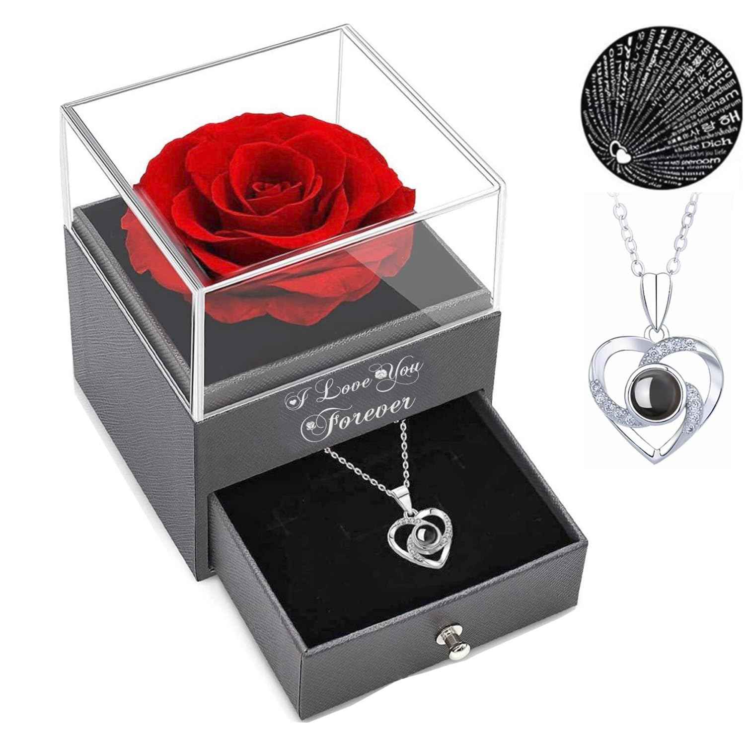 Gifts for Women Christmas Stocking Stuffers - Red Rose with I Love You Necklace, Eternal Flowers Rose Gifts for Women, Mom, Wife and Girlfriend on Valentines Day Mothers Day Christmas Anniversary Birthday Gifts for Her