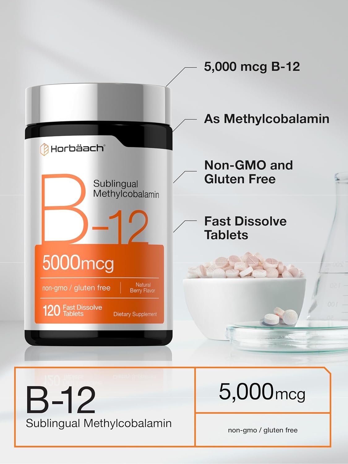 Horbäach_B12_Vitamin_5000_mcg_|_120_Fast_Dissolve_Tablets_|_Sublingual_Methylcobalamin_|_Vegan,_Non-GMO_&_Gluten_Free_Supplement