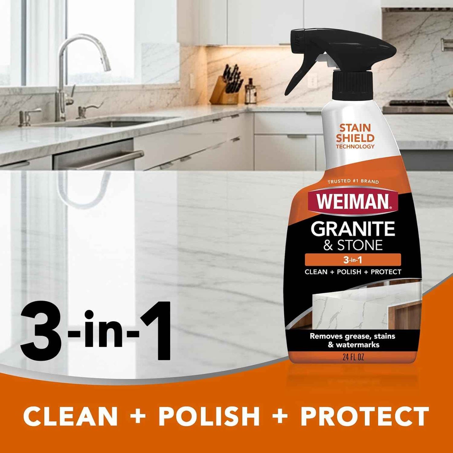 Weiman Granite and Stone Cleaner 3-in-1, Removes Grease, Stains & Watermarks, Streak-Free Formula with Stain Shield Technology, Safe on Marble, Quartz, Tile, Granite, Quartzite & Slate