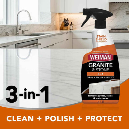 Weiman Granite and Stone Cleaner 3-in-1, Removes Grease, Stains & Watermarks, Streak-Free Formula with Stain Shield Technology, Safe on Marble, Quartz, Tile, Granite, Quartzite & Slate