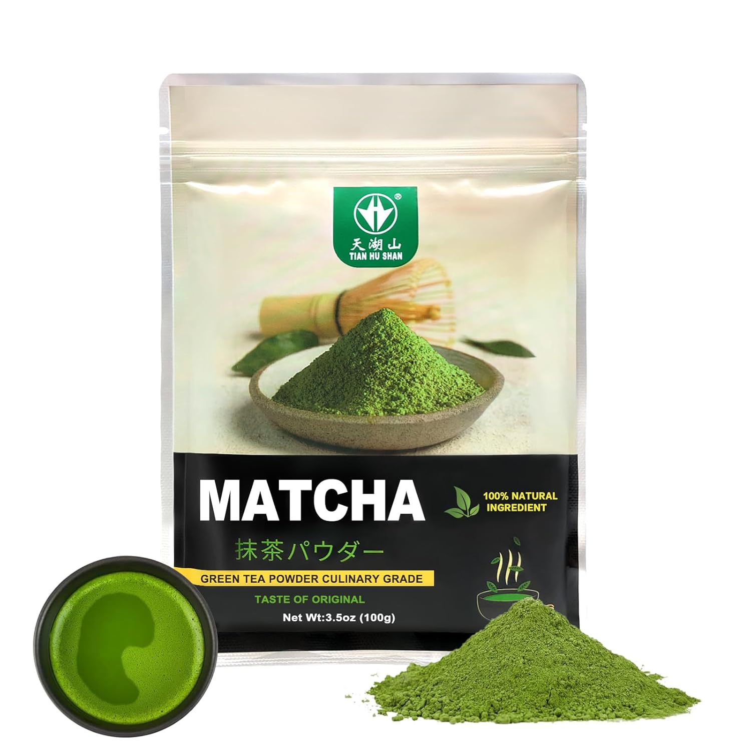 TIAN_HU_SHAN_Matcha_Green_Tea_Powder_3.5oz/100g,_Pure_Matcha_Powder_Culinary_Grade_Unsweetened_for_Lattes,_Cooking,_Baking,_Vegan_100%_Natural_（Package_May_Vary)
