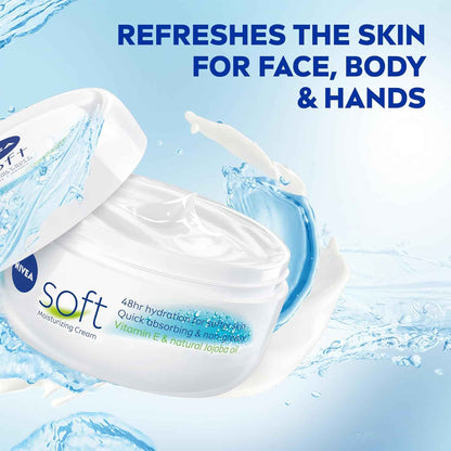 NIVEA Soft Refreshingly Soft Moisturizing Cream, Lightweight Body Moisturizer for Face, Body and Hands, Body Cream Enriched with Jojoba Oil and Vitamin E