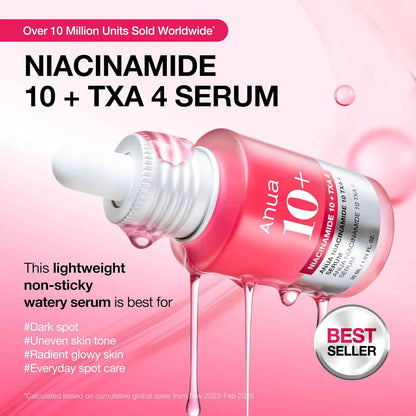 Anua Niacinamide 10 + TXA 4 Serum, Dark Spot Care, Hyaluronic Acid, Tranexamic Acid, Lightweight & Hydrating All-in-One Daily Facial Serum for Glass Skin, Korean Skincare, 1.01 fl.oz