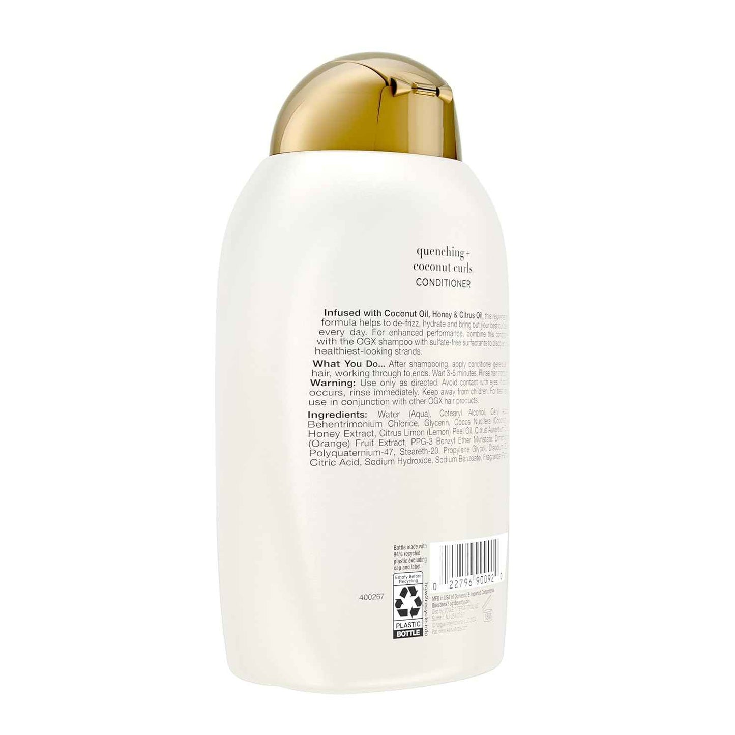 OGX Quenching + Coconut Curls Curl-Defining Conditioner, Nourishing Curly Hair Conditioner with Coconut /Citrus Oil & Honey, Paraben-Free with Sulfate-Free Surfactants, 13oz