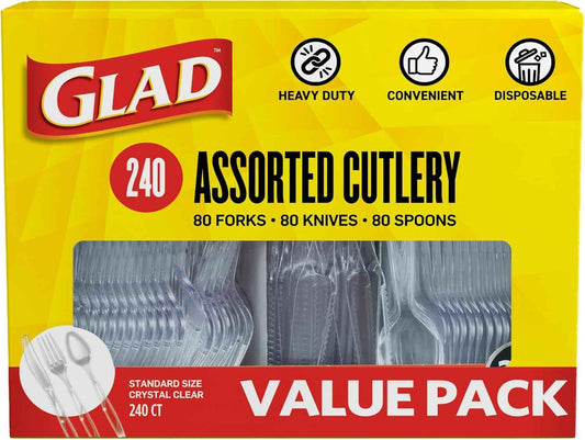 Glad Clear Disposable Cutlery Set with Heavy Duty Plastic Forks, Knives, and Spoons, Reusable Dishwasher Safe Plastic Utensils for Parties and Everyday Use
