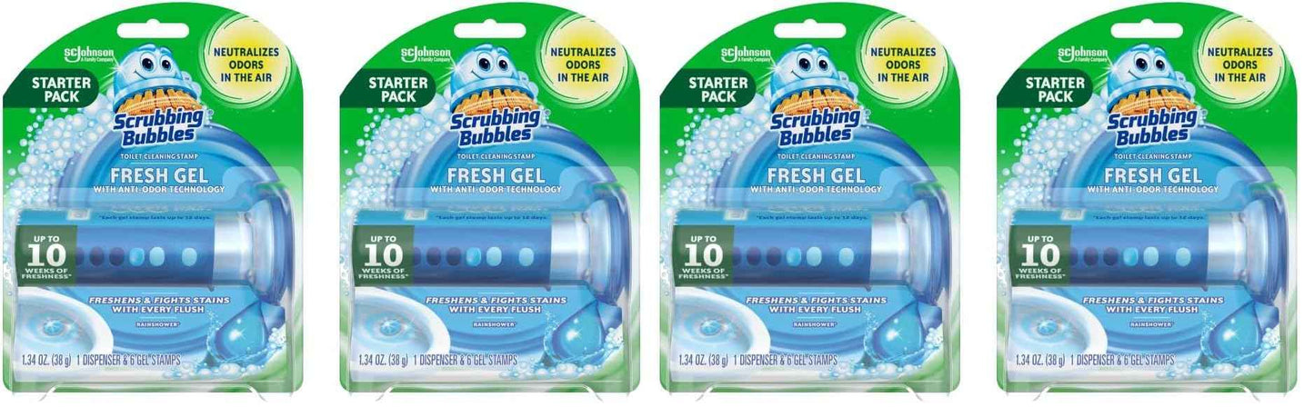 Scrubbing Bubbles Fresh Gel Toilet Bowl Cleaning Stamps, Helps Keep Toilet Clean and Helps Prevent Limescale & Rings, Rainshower Scent, 1 Dispenser with 6 Fresh Gel Stamps