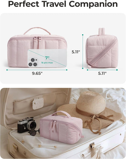 BAGSMART_Travel_Makeup_Bag_for_Women,_Portable_Water-resistant_Cosmetic_Case,_Puffy_Padded_Make_Up_Organizer_Pouch,_Open_Flat_Toiletry_Bag_for_Toiletries,_Brushes,_Brown