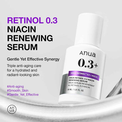 Anua Retinol Serum for Smooth & Renewed Texture, 0.3% Retinol, 5% Niacinamide, Hydration & Glass Skin, Gentle for Beginners, Korean Skincare, 1.01 fl oz