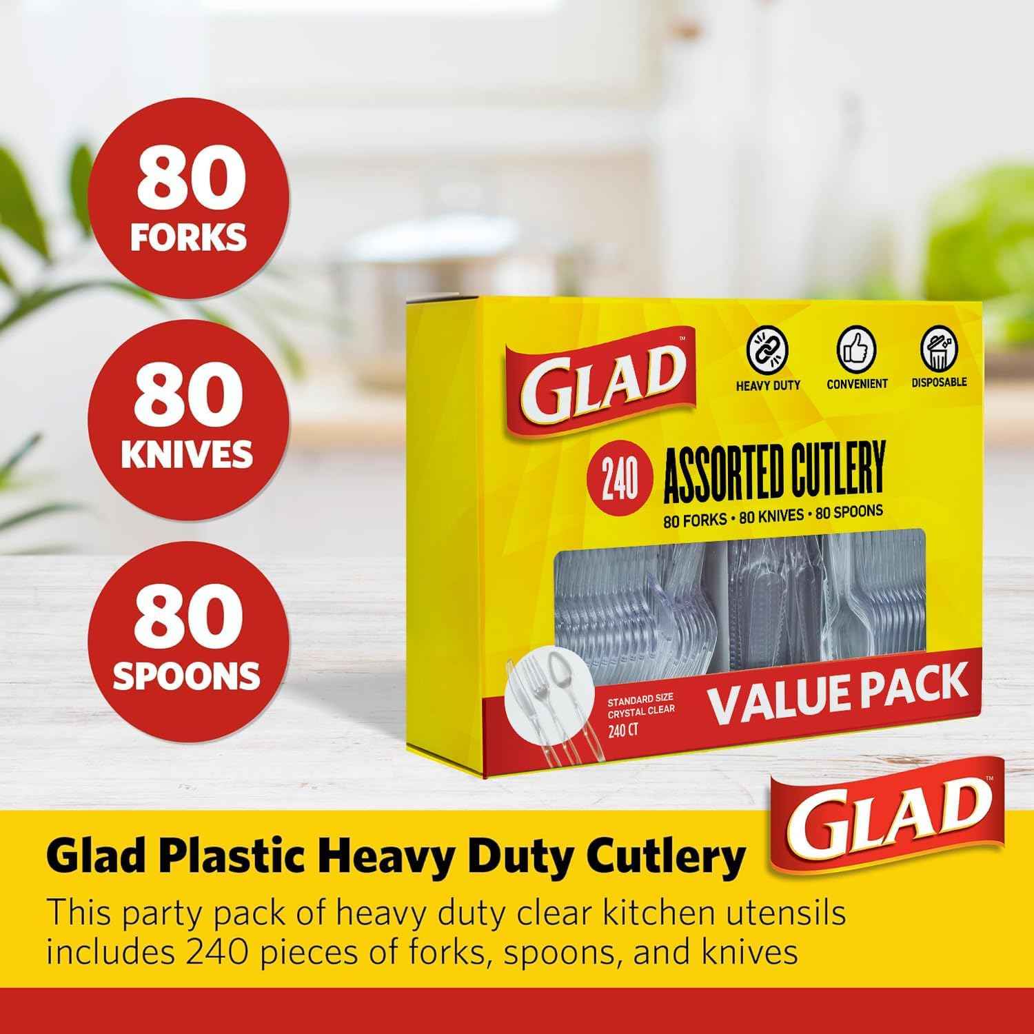 Glad Clear Disposable Cutlery Set with Heavy Duty Plastic Forks, Knives, and Spoons, Reusable Dishwasher Safe Plastic Utensils for Parties and Everyday Use