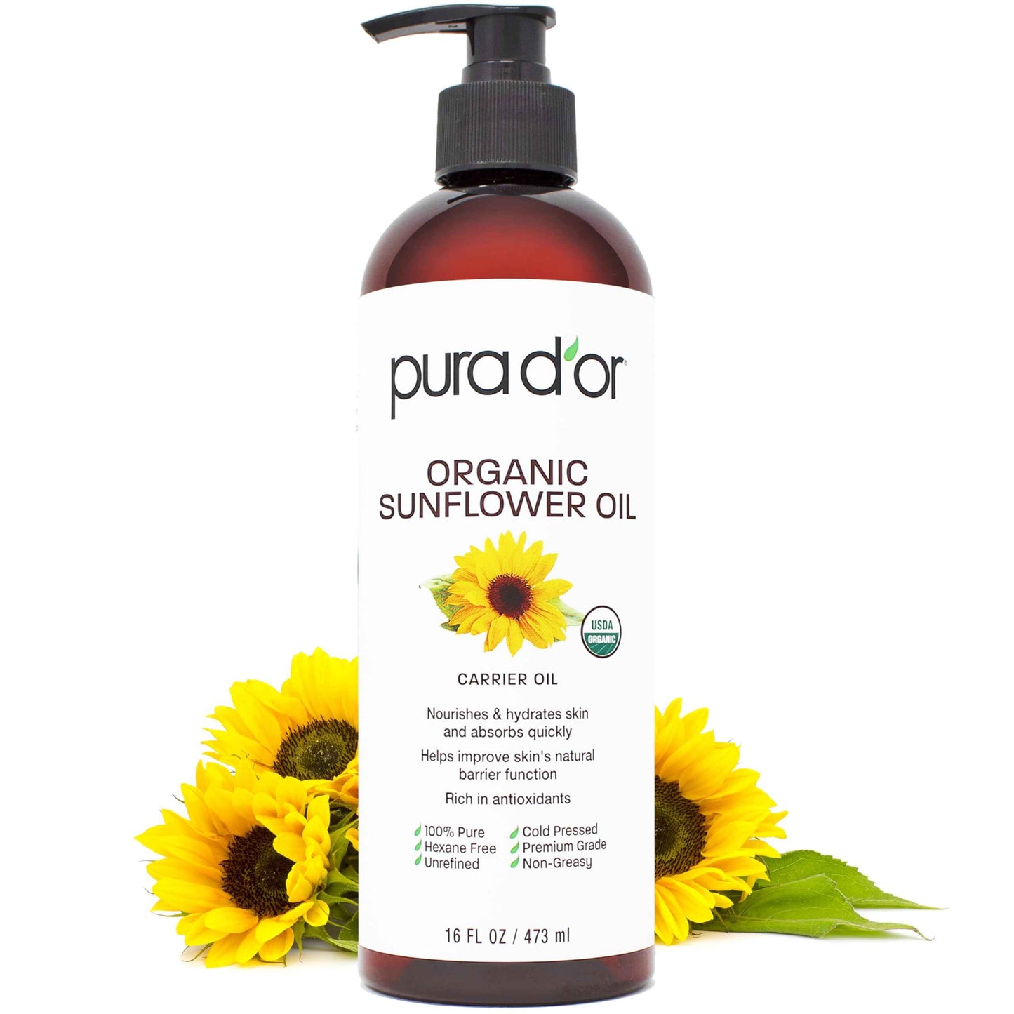 PURA D'OR ORGANIC Fractionated Oil – USDA Certified – MCT Oil – Therapeutic, Hydrating, Lightweight Moisturizer – Hexane Free Carrier Oil For Essential Oils & Massage – Face, Hair & Body