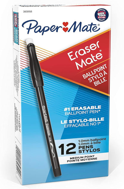 Paper_Mate_EraserMate_Erasable_Pen,_Medium_Point,_Black,_Box_of_12