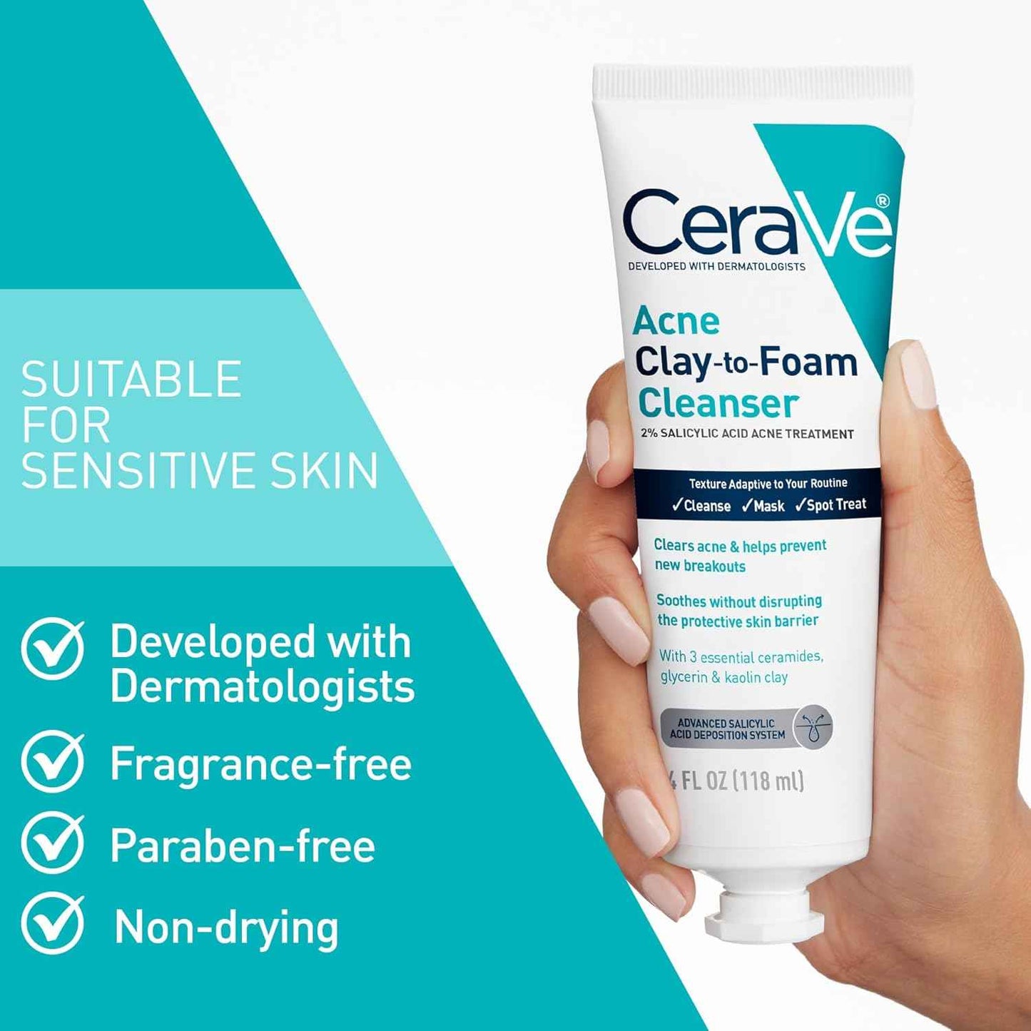 CeraVe Clay To Foam Acne Face Wash, Multi-Use Salicylic Acid & Kaolin Clay Acne Spot Treatment Clears Pimples & Blackheads, Prevents Breakouts, Hydrates & Soothes, Fragrance-Free, Non-Comedogenic, 4oz