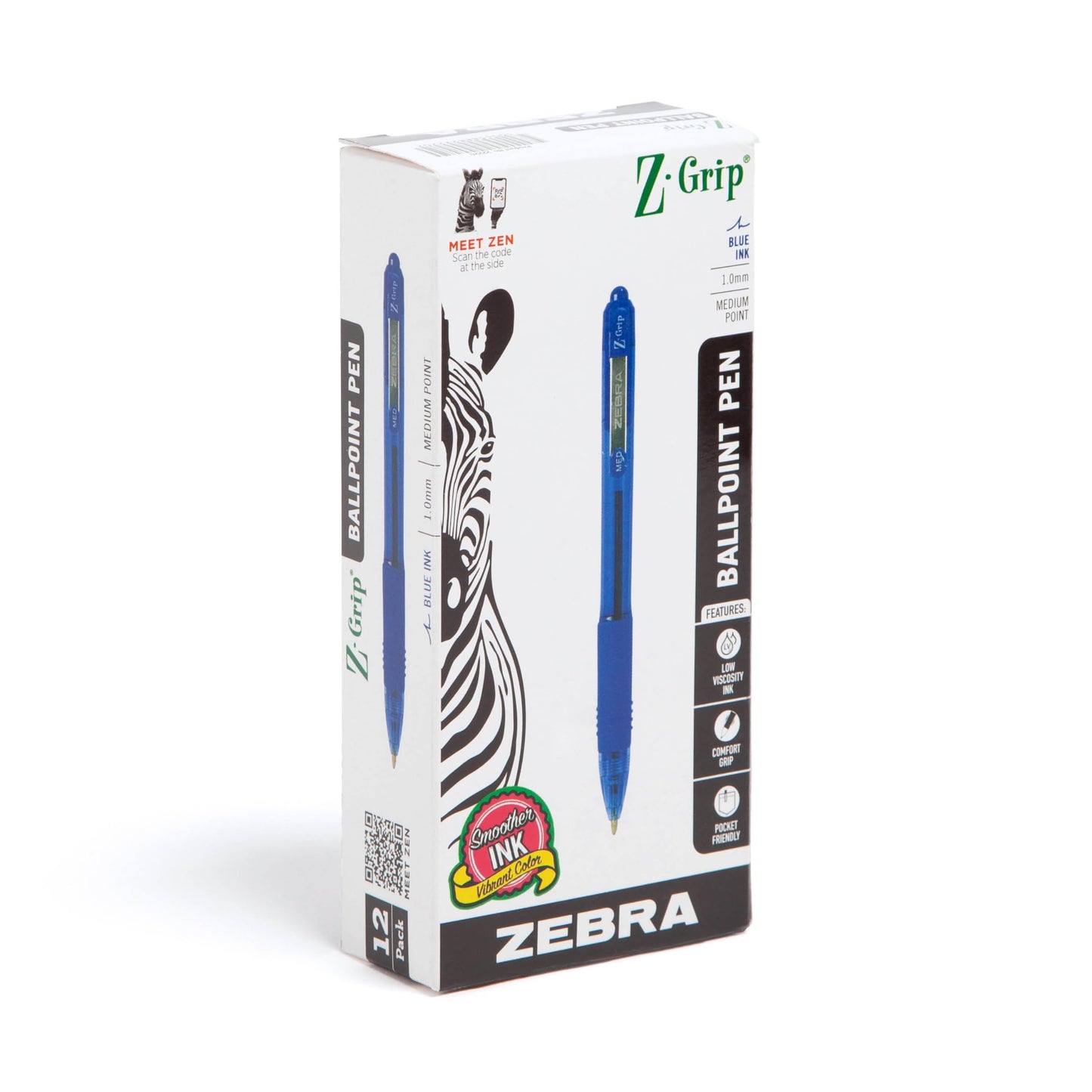 Zebra Pen Z-Grip Retractable Ballpoint Pen, Smooth-Flowing Blue Ink, 1.0mm Medium Point, School &amp;amp; Office Supplies, Ideal for Note-Taking, Journal and Planner Use, 12-Count (22220)