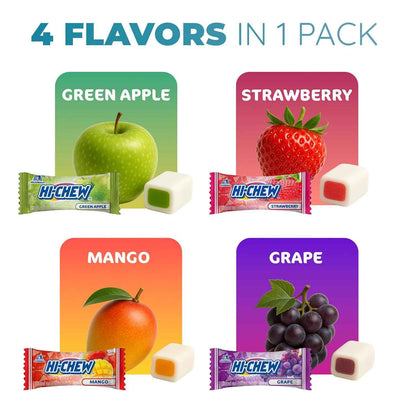 HI-CHEW Assorted, Green Apple Strawberry Mango Grape, Soft & Chewy Candy 2lb - 185+ Pieces Individually Wrapped - Made with Immensely Juicy Fruity Flavors