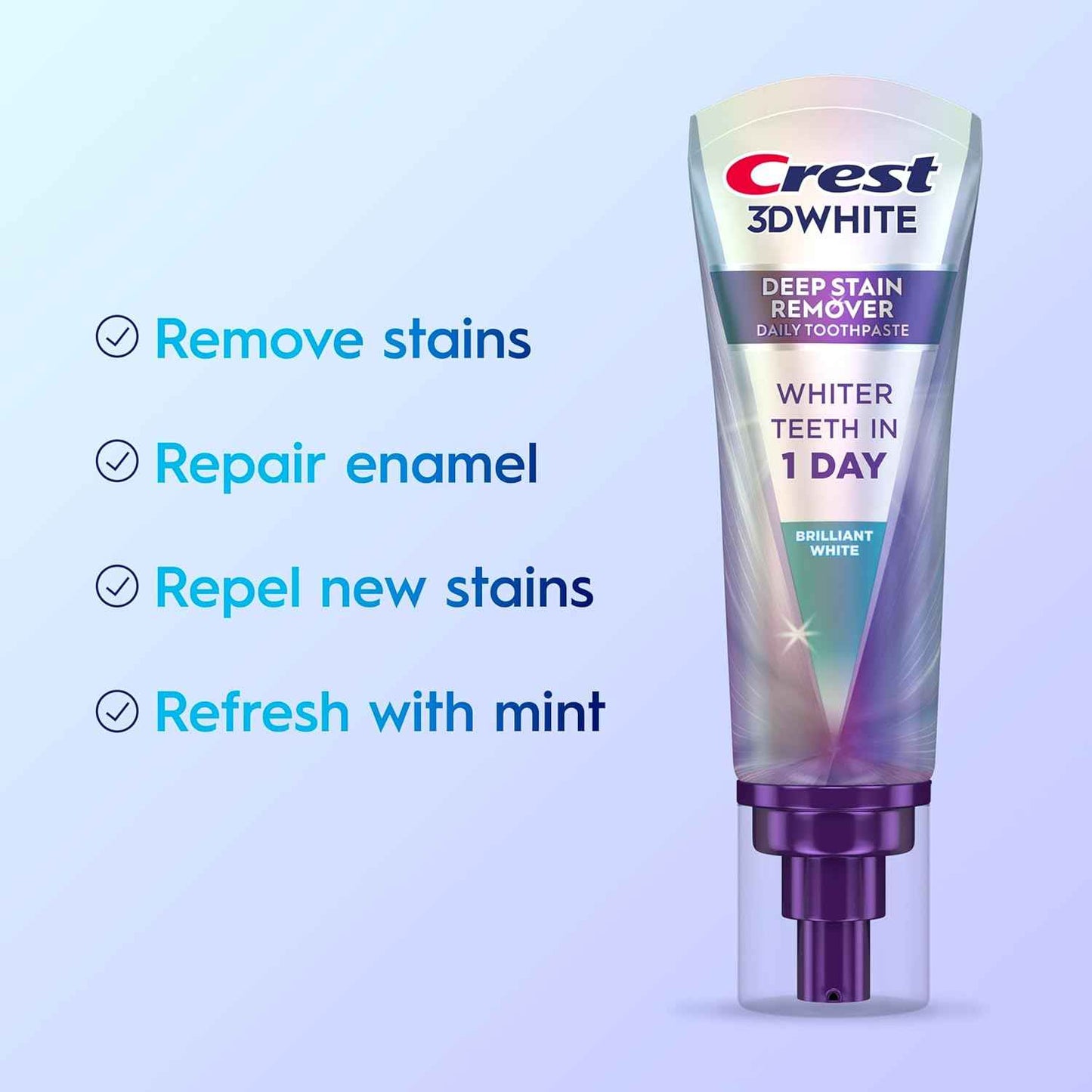 Crest 3D White Deep Stain Remover Toothpaste, Teeth whitening for Adults, 3.1oz, 2 Pack, Sensitivity Safe, Enamel Repair, Cavity Protection, Fluoride Toothpaste, Travel Size Toiletries