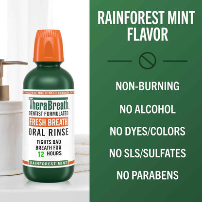 TheraBreath Fresh Breath Mouthwash, Rainforest Mint, Alcohol-Free, 16 Fl Oz (2-Pack)