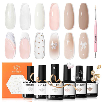 modelones Gel Nail Polish Kit -6 Colors Nude Pink Milky White Spring Gel Polish Set Skin Tones Neutral Brown Soak Off Gel Nail Kit Manicure DIY Nail Art Salon Home Gift