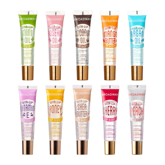 Ruby_Kisses_Broadway_Vita-Lip_Clear_Lip_Gloss_(10_Pack),_Hydrating_&_Soothing_Formula_with_Vitamin,_High-Shine_Non-Sticky_Lip_Balm_with_Mint,_Rosehip,_Coconut,_Mango,_Argan,_Honey,_Shea,_Cherry,_Peach