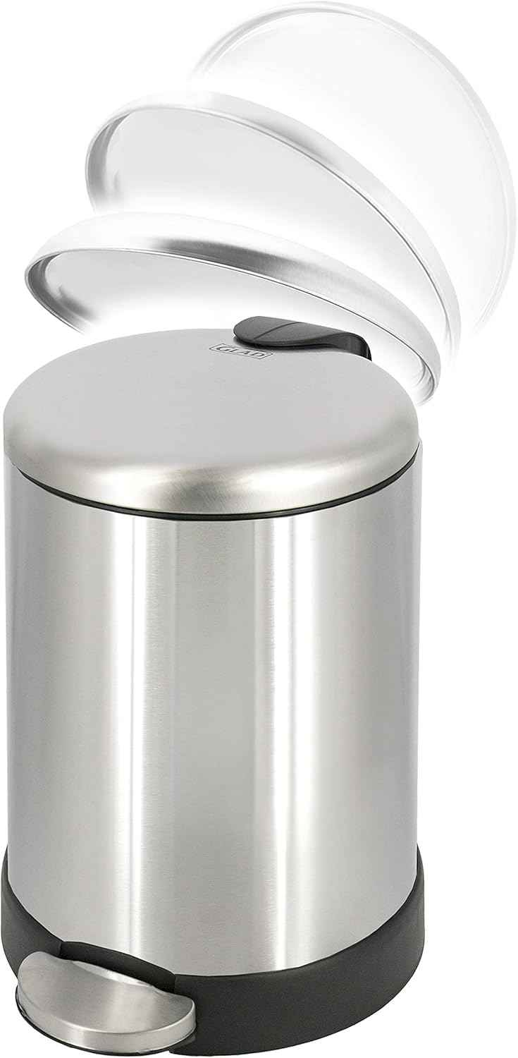 Glad Small Trash Can, 1.2 Gallon | Round Stainless Steel Garbage Bin with Soft Close Lid & Step Foot Pedal | Metal Waste Basket with Removable Inner Bucket, 8 x 9.5 x 12 inches