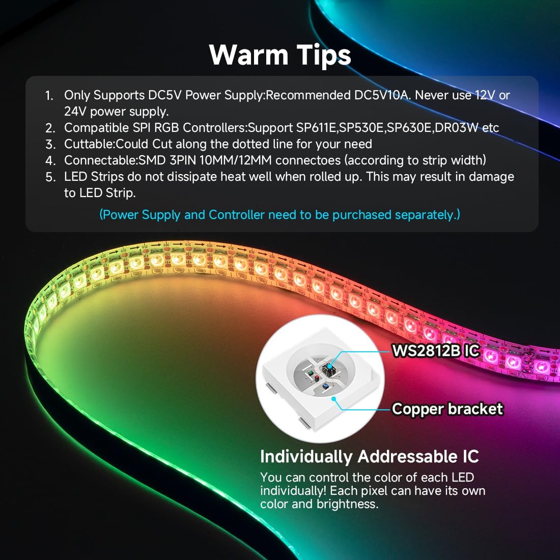 SEZO_WS2812B_ECO_LED_Strip_Light_3.3FT/16.4FT_-_60LEDs/100LEDs/144LEDs/150LEDs/300LEDs_300Pixels_Individually_Addressable_Programmable_5050SMD_Digital_RGB_Alloy_Wires_Flexible_Dream_Color_IP30_Non-Waterproof_PCB_Black_DC5V