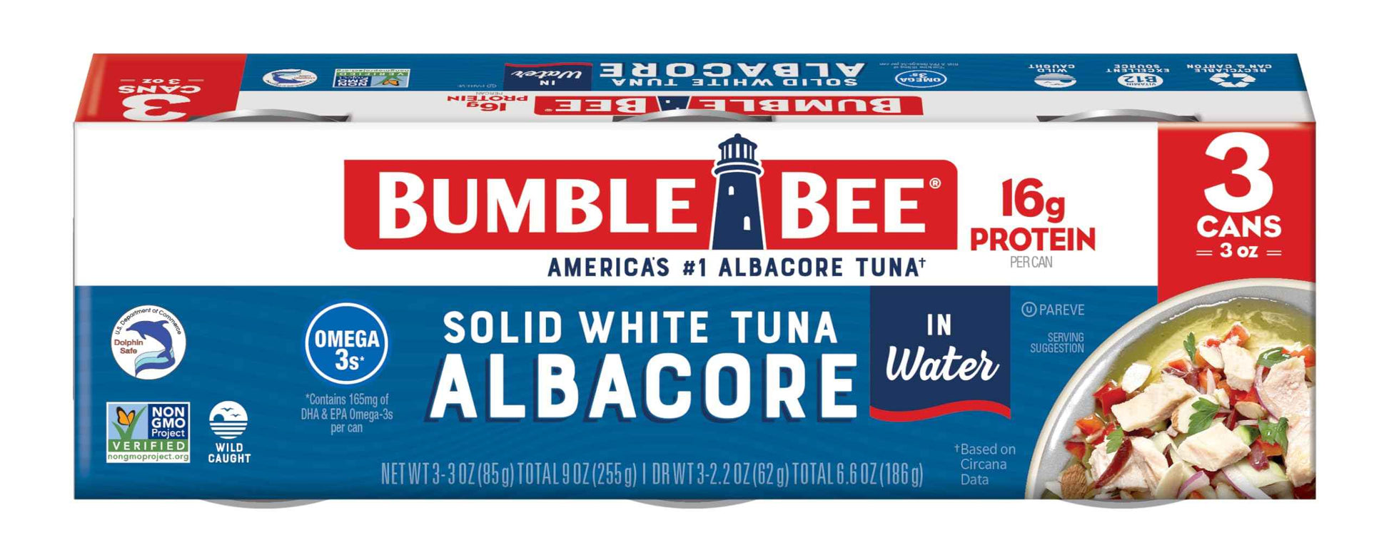 Bumble Bee Solid White Albacore Tuna, Can - Wild Caught Tuna - 29g Protein per Serving, High in Omega-3s - Non-GMO Project Verified, Gluten Free, Kosher