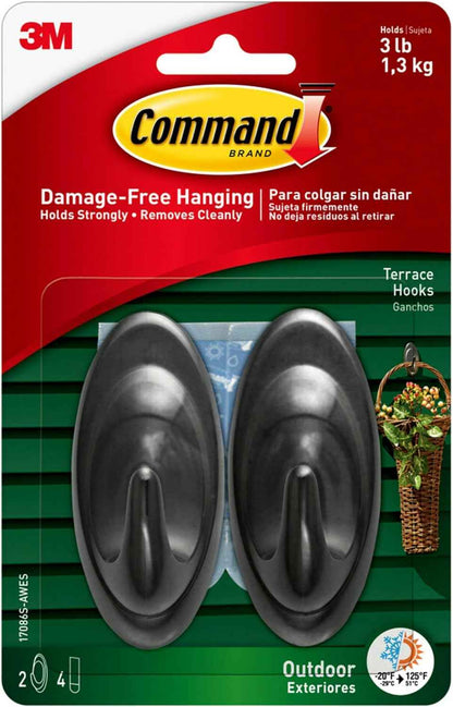 Command Terrace Hooks, 2 Hooks and 4 Strips, Damage-Free Hanging Wall Hook for Wall Decor, Holds up to 3 lb