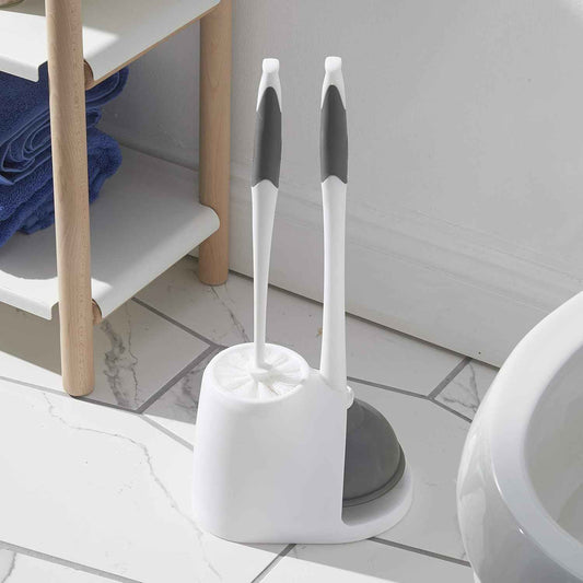 Clorox Toilet Plunger and Bowl Brush Combo with Caddy, 6.75 x 7 x 19.5 in, White/Gray
