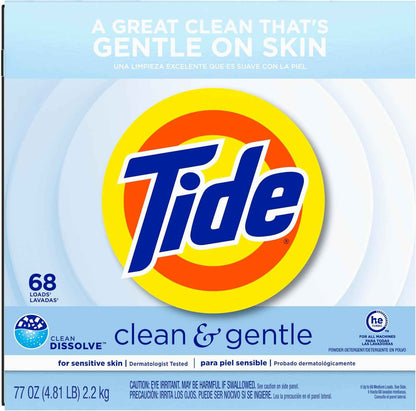 Tide Clean and Gentle Powder Laundry Detergent, Unscented, 68 Loads, 77 oz