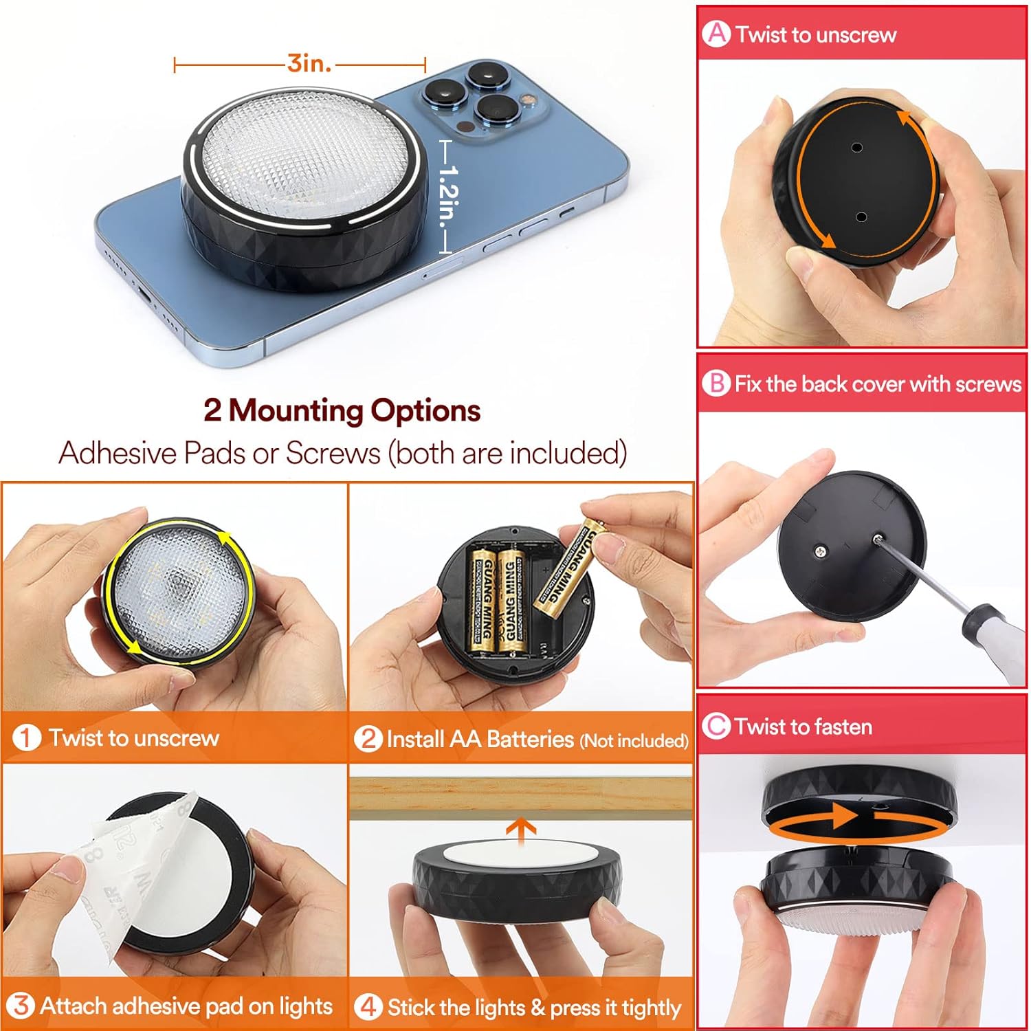 LED_Puck_Lights_with_Remote_Control,_Battery_Operated_Wireless_Closet_Light,_Under_Cabinet_Lighting_Stick_on_Tap_Push_Lights,_Color_Changing_Under_Counter_Light_for_Kitchen,_2_Pack/6_Pack_-_Black/White