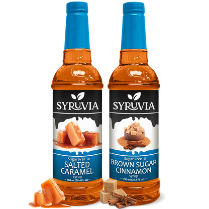 Syruvia Sugar-Free Fruit Flavors Variety Pack Salted Caramel &amp;amp; Brown Cinnamon Syrup - 0 Calorie - for Tea, Italian Sodas, Beverages, Desserts, Ice Cream, Cocktails Kosher, 25.4 fl oz. (2-Pack)